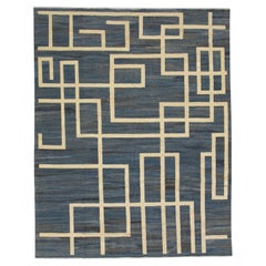 Blue Flatweave Handmade Wool Rug in Cream Geometric Design 8'5" X 10'7"