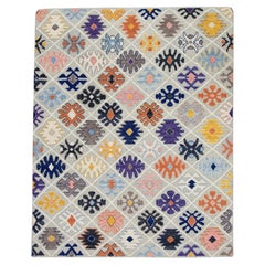 Tapis en laine gris à tissage plat fait à la main au design géométrique aux couleurs vives 8'5 X 10'7