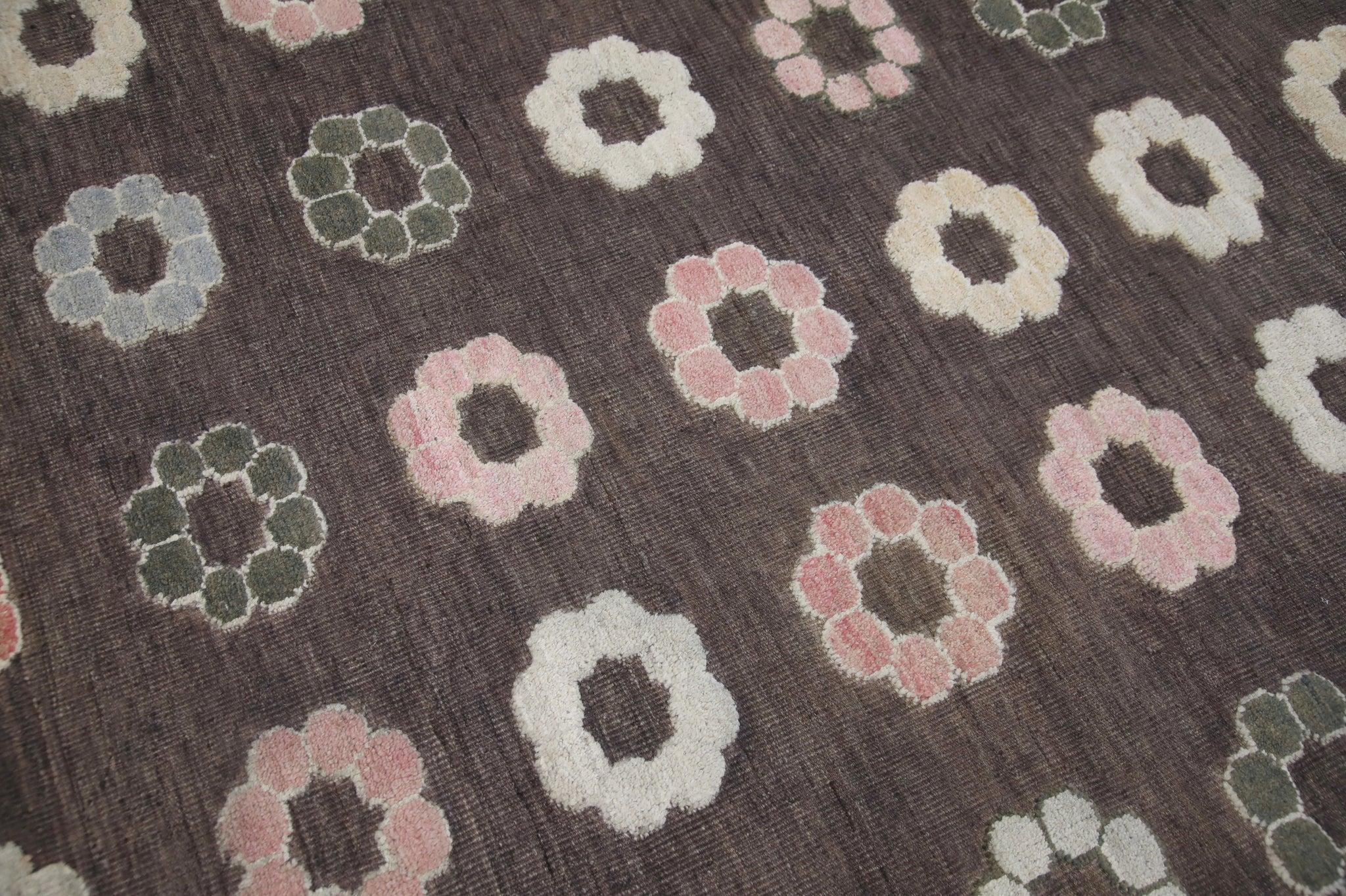 Modern Brown Flatweave Handmade Wool Rug in Pink Floral Pattern 8'8