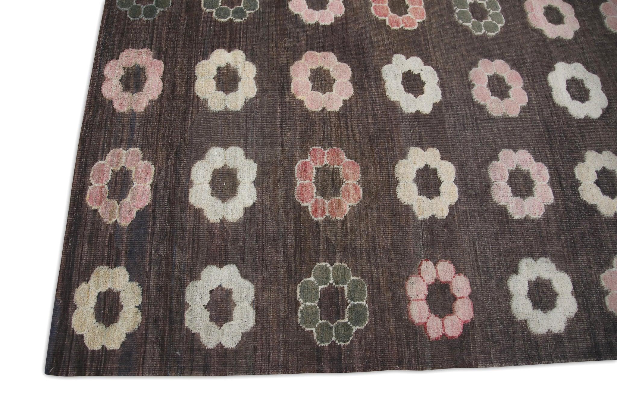 Turkish Brown Flatweave Handmade Wool Rug in Pink Floral Pattern 8'8