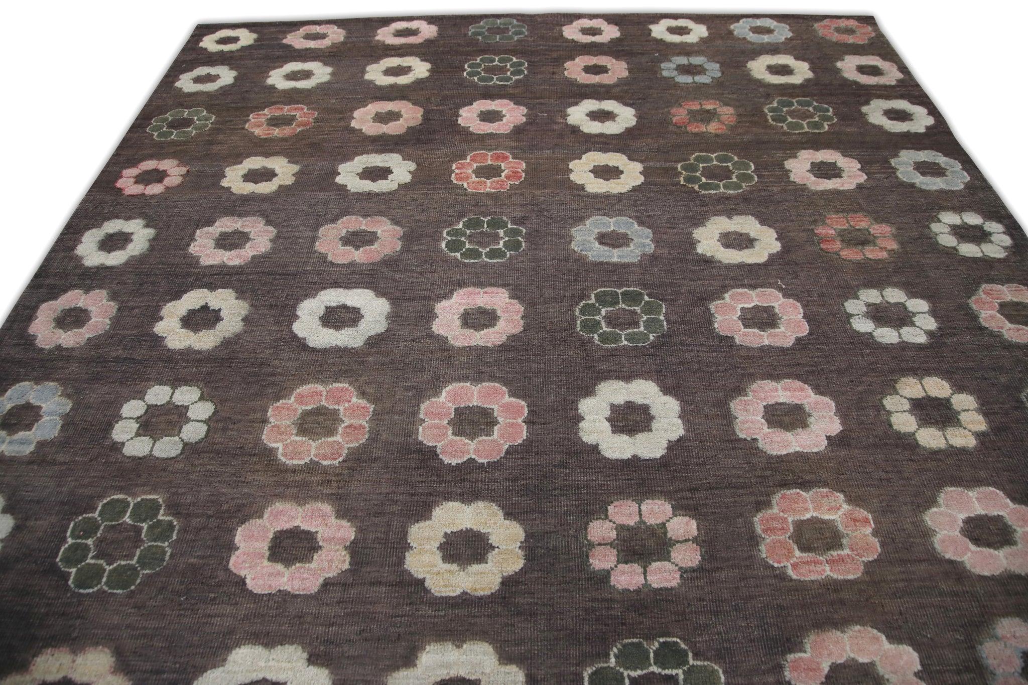 Hand-Woven Brown Flatweave Handmade Wool Rug in Pink Floral Pattern 8'8