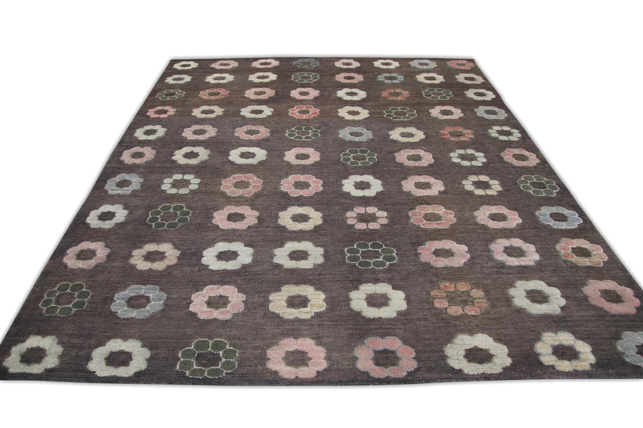 Brown Flatweave Handmade Wool Rug in Pink Floral Pattern 8'8