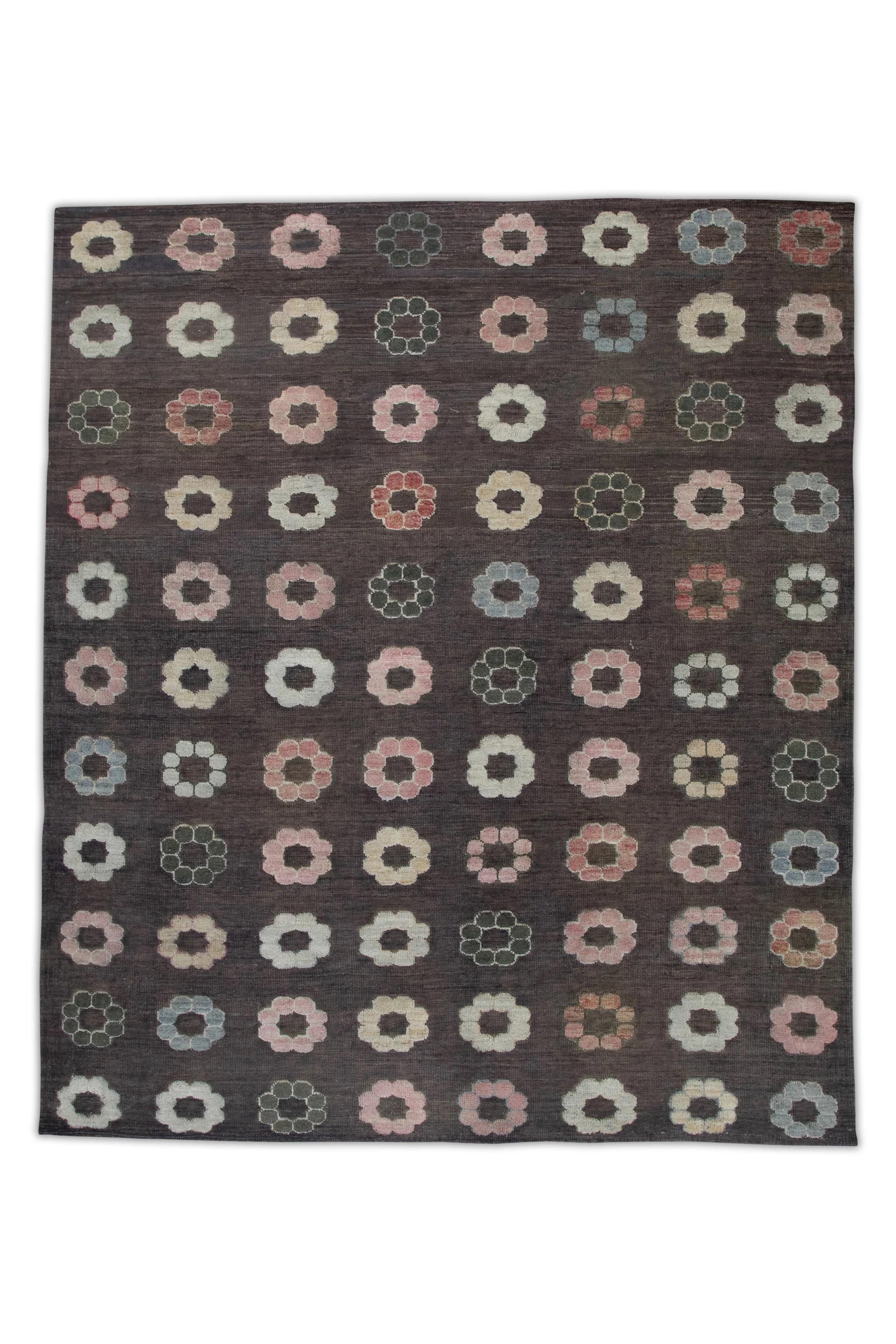 Contemporary Brown Flatweave Handmade Wool Rug in Pink Floral Pattern 8'8
