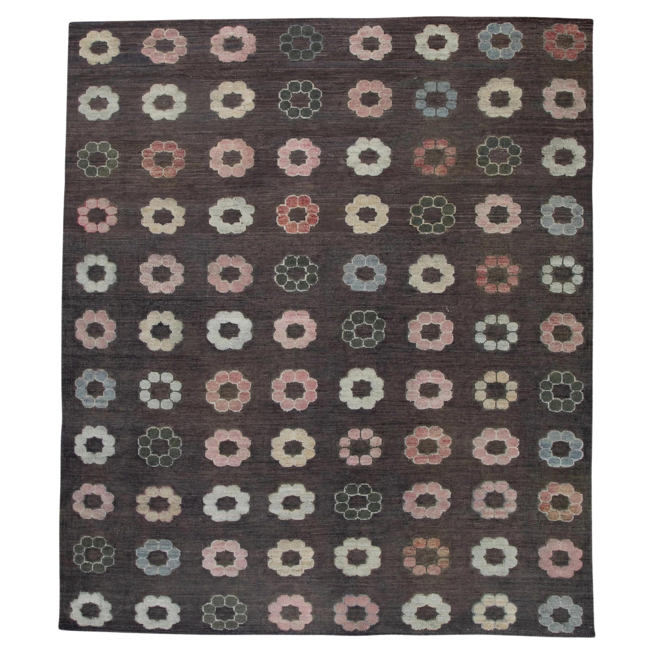 Brown Flatweave Handmade Wool Rug in Pink Floral Pattern 8'8" X 10' For Sale