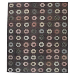 Brown Flatweave Handmade Wool Rug in Pink Floral Pattern 8'8" X 10'