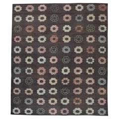 Tapis en laine marron à tissage plat fait à la main avec motif floral rose 8'8" X 10'