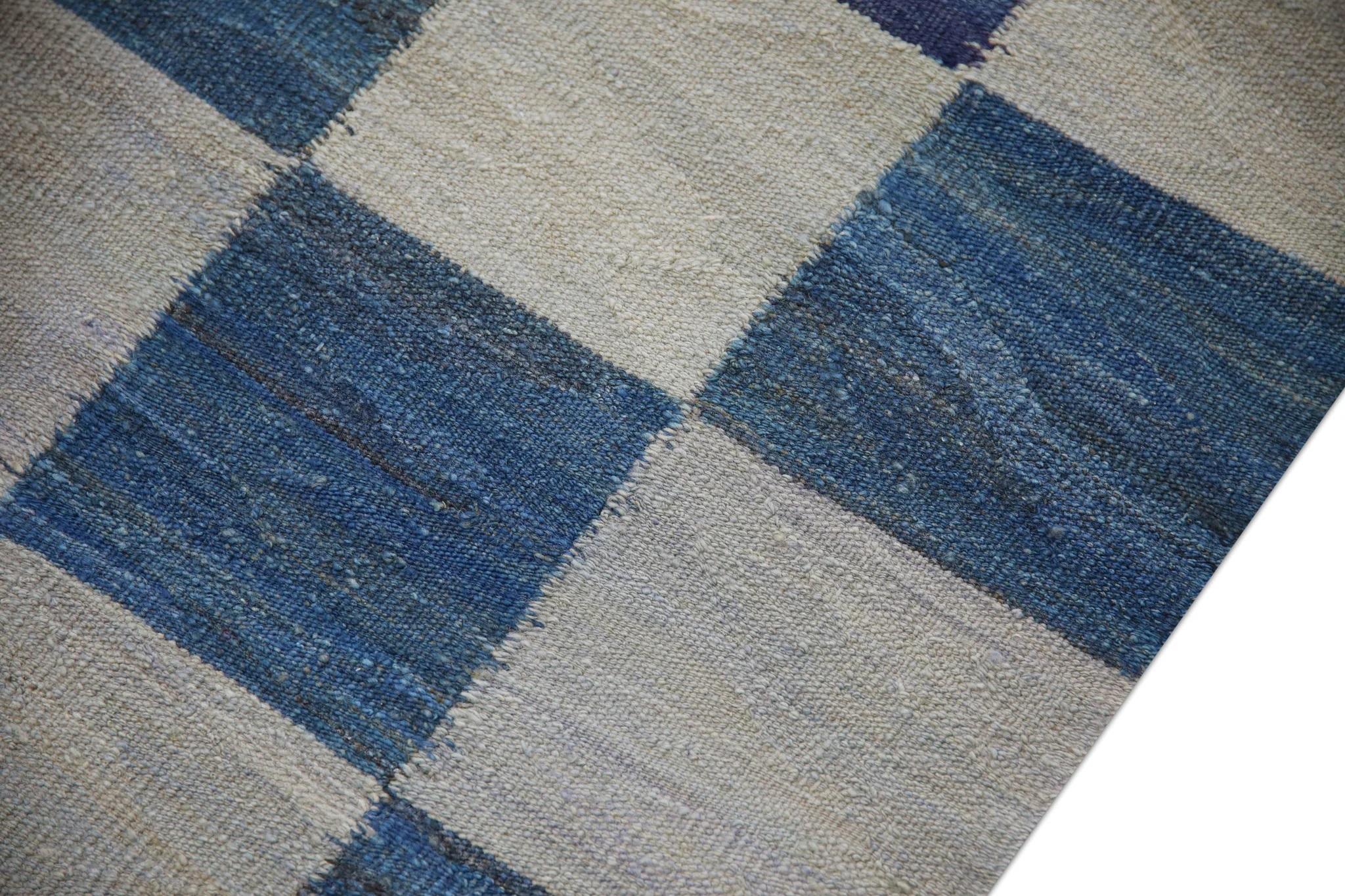 Modern Blue Geometric Checkered Pattern Flatweave Handmade Wool Rug 8'8