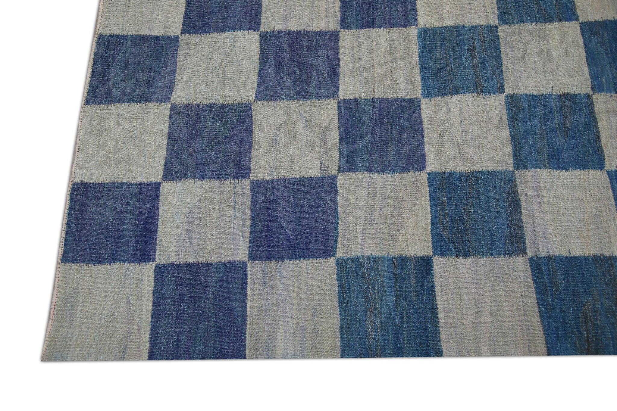 Turkish Blue Geometric Checkered Pattern Flatweave Handmade Wool Rug 8'8