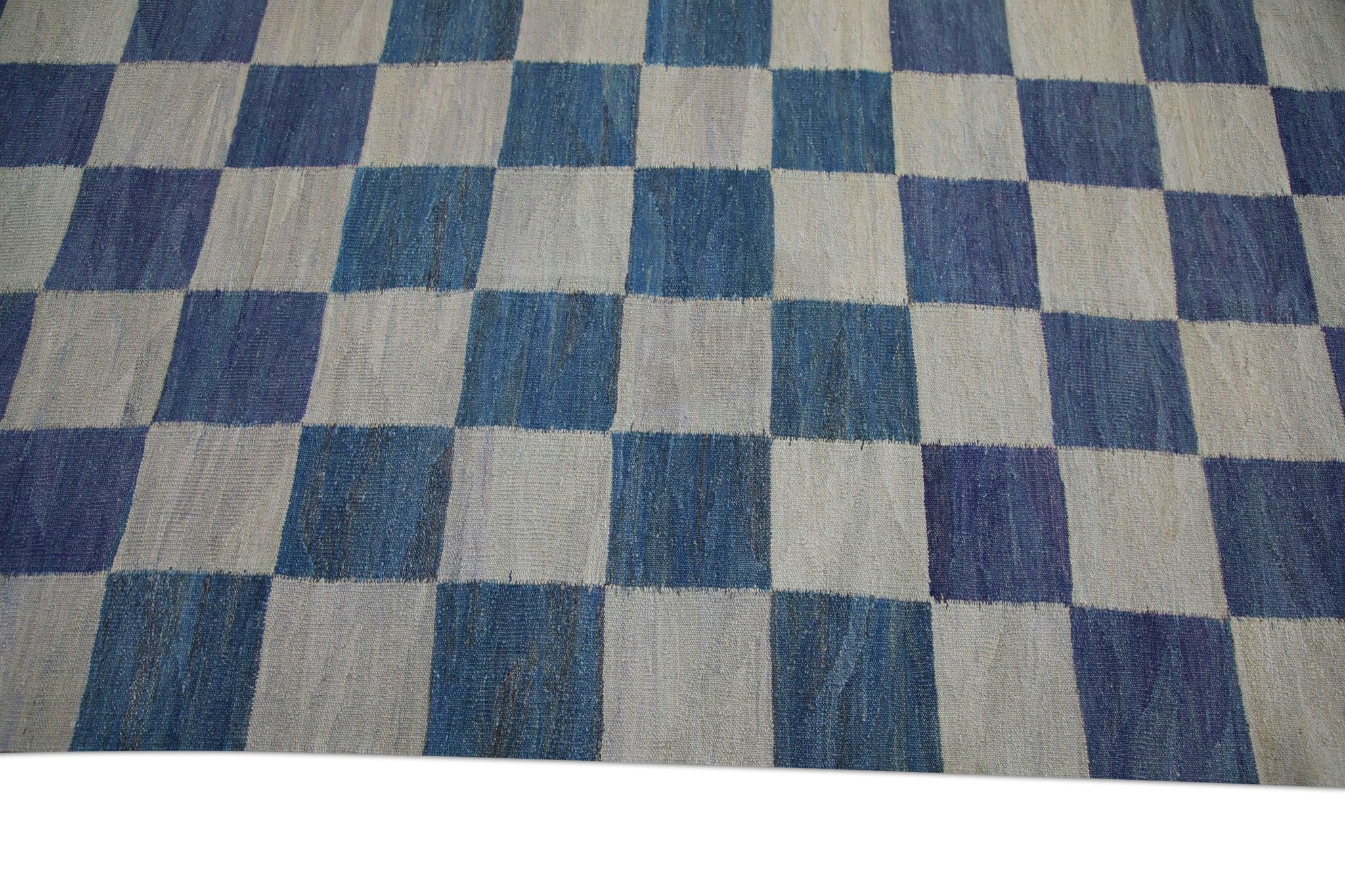 Vegetable Dyed Blue Geometric Checkered Pattern Flatweave Handmade Wool Rug 8'8