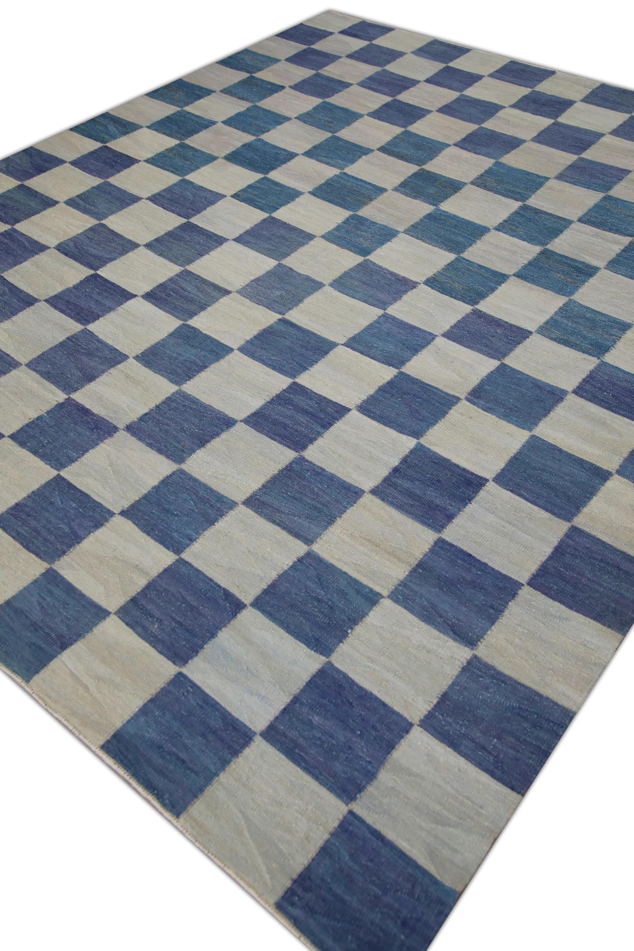 Blue Geometric Checkered Pattern Flatweave Handmade Wool Rug 8'8