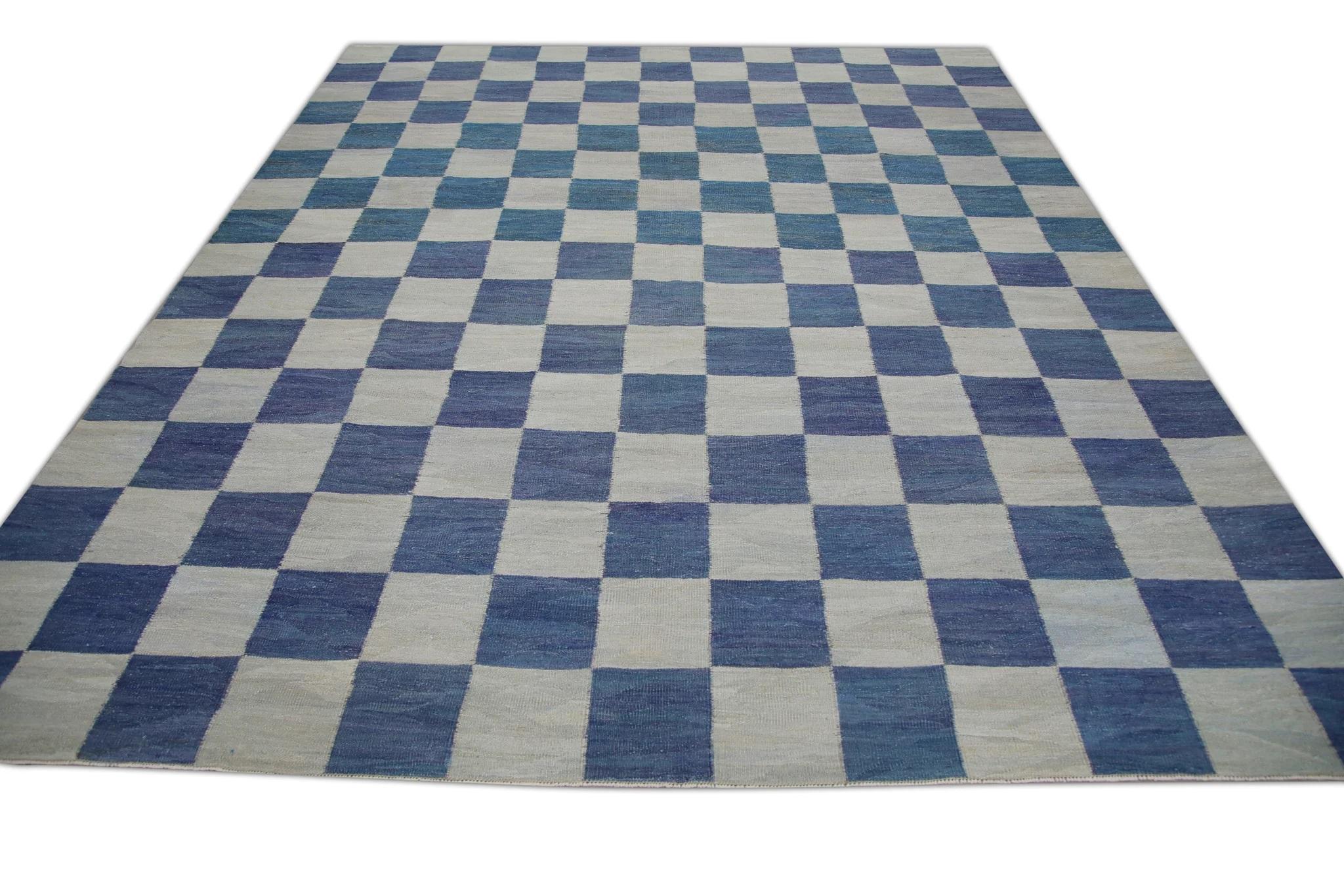 Contemporary Blue Geometric Checkered Pattern Flatweave Handmade Wool Rug 8'8