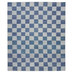 Blue Geometric Checkered Pattern Flatweave Handmade Wool Rug 8'8" X 10'4"