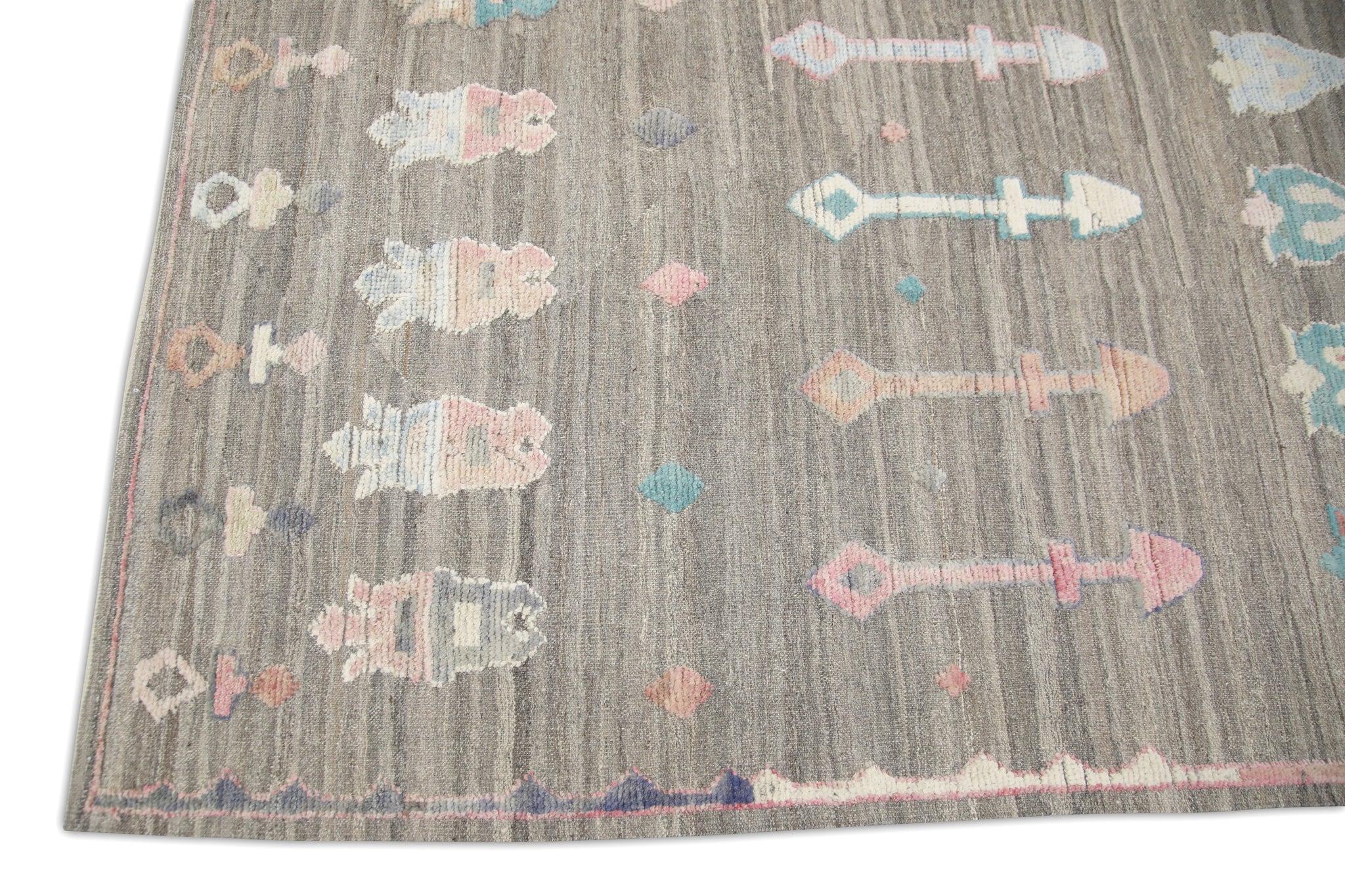 Handgefertigter brauner Flachgewebe-Wollteppich in mehrfarbigem, geometrischem Design 8'9