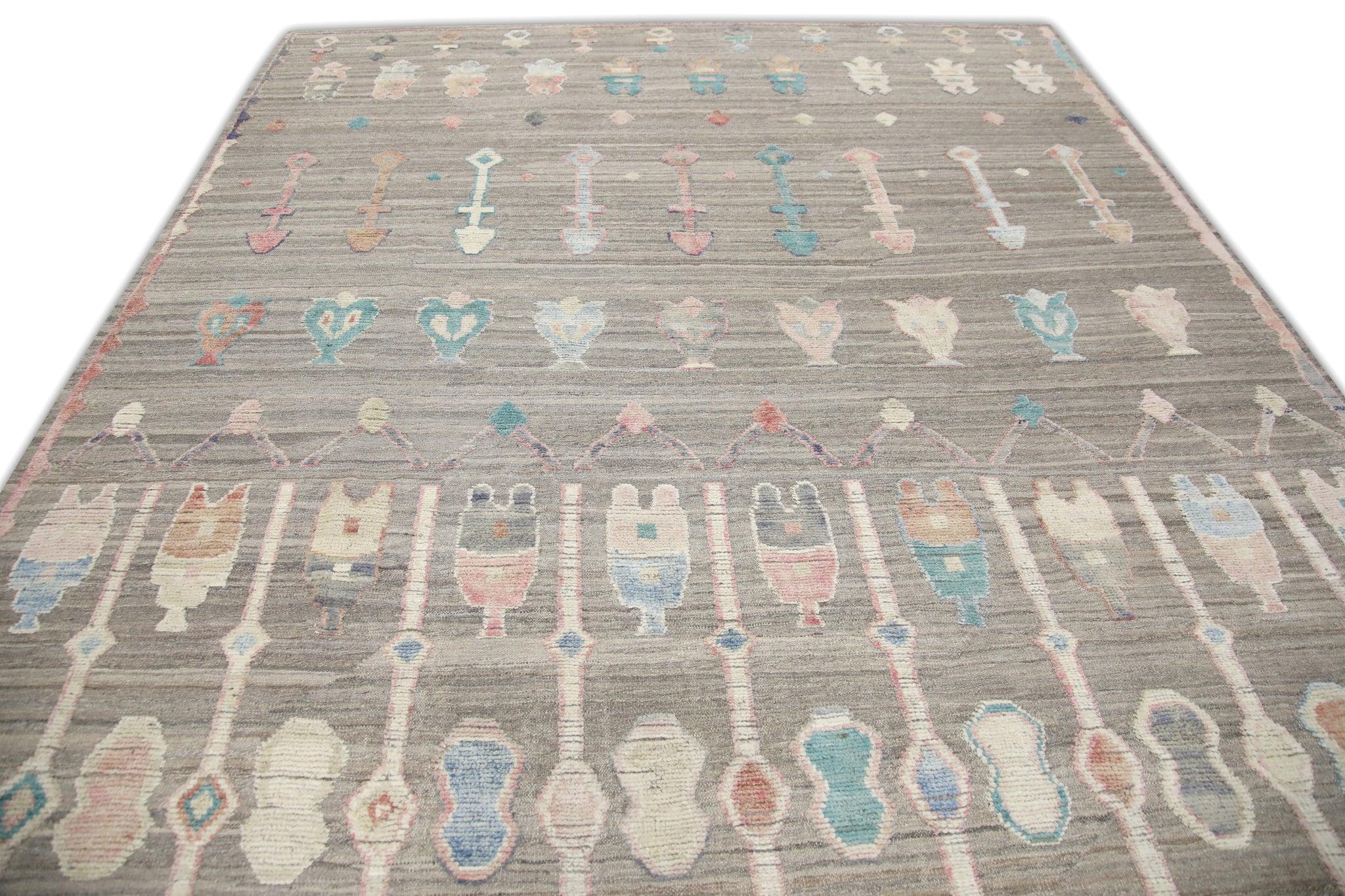 Handgefertigter brauner Flachgewebe-Wollteppich in mehrfarbigem, geometrischem Design 8'9