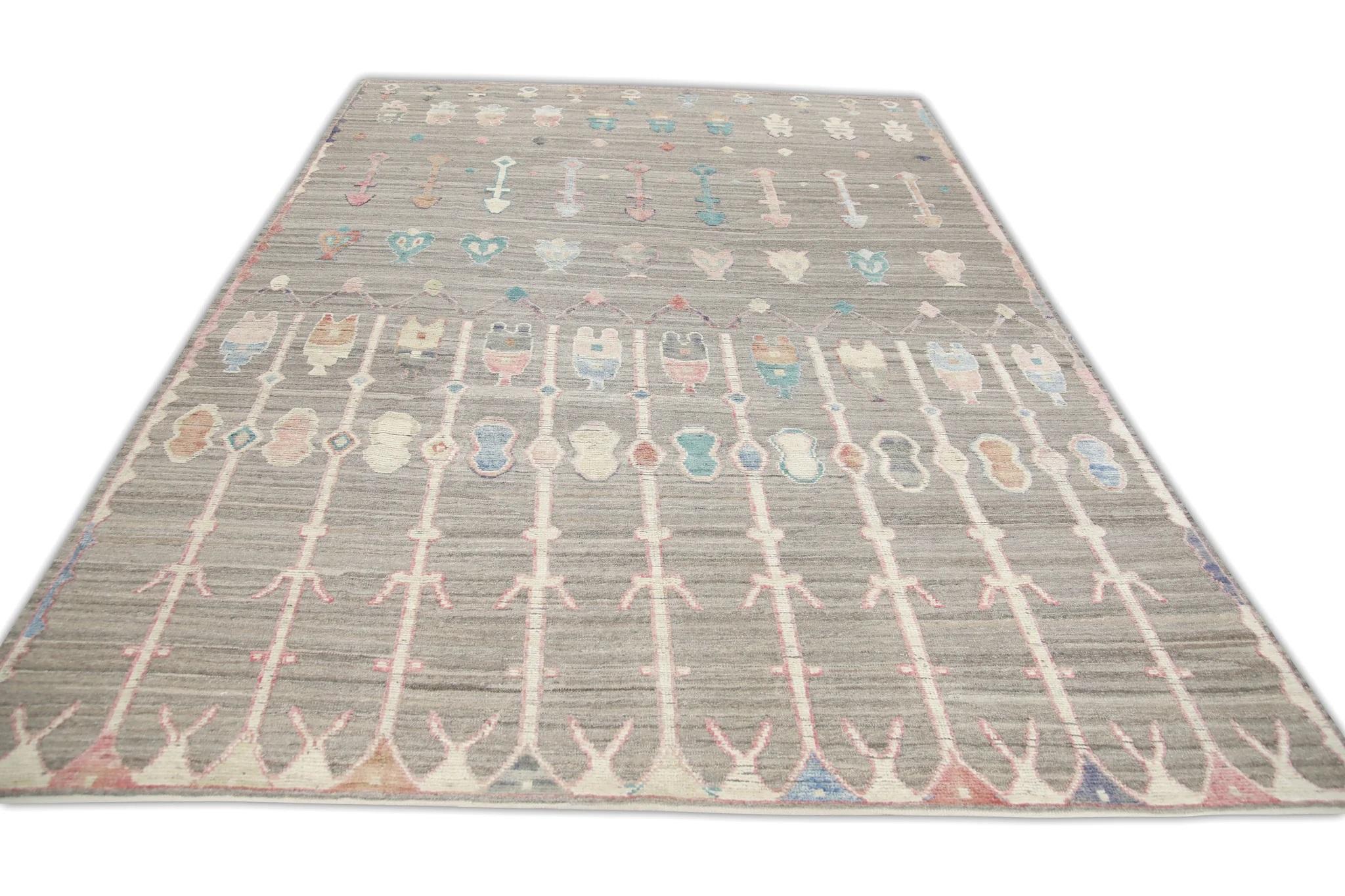 Handgefertigter brauner Flachgewebe-Wollteppich in mehrfarbigem, geometrischem Design 8'9
