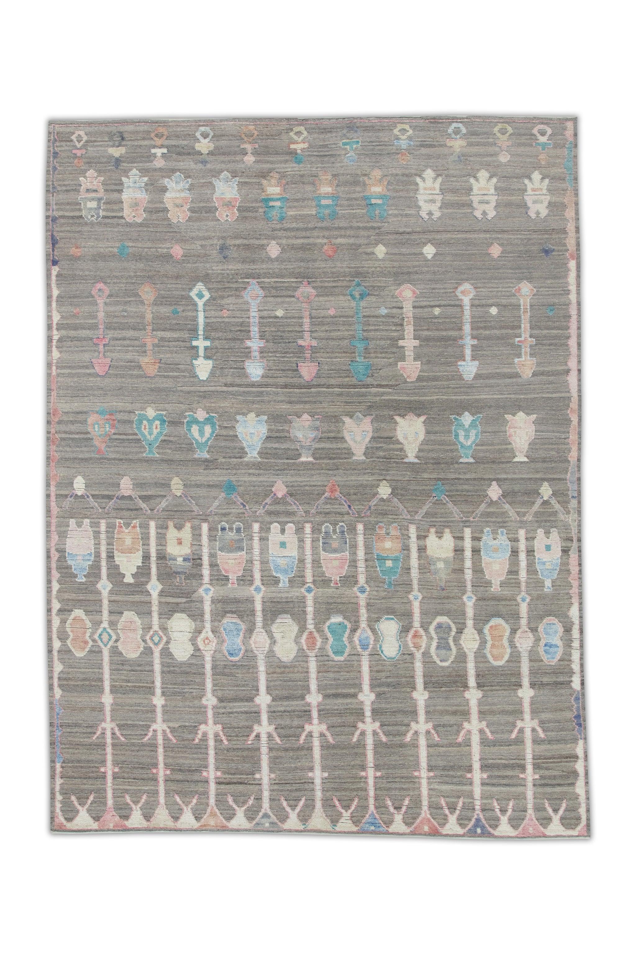 Handgefertigter brauner Flachgewebe-Wollteppich in mehrfarbigem, geometrischem Design 8'9