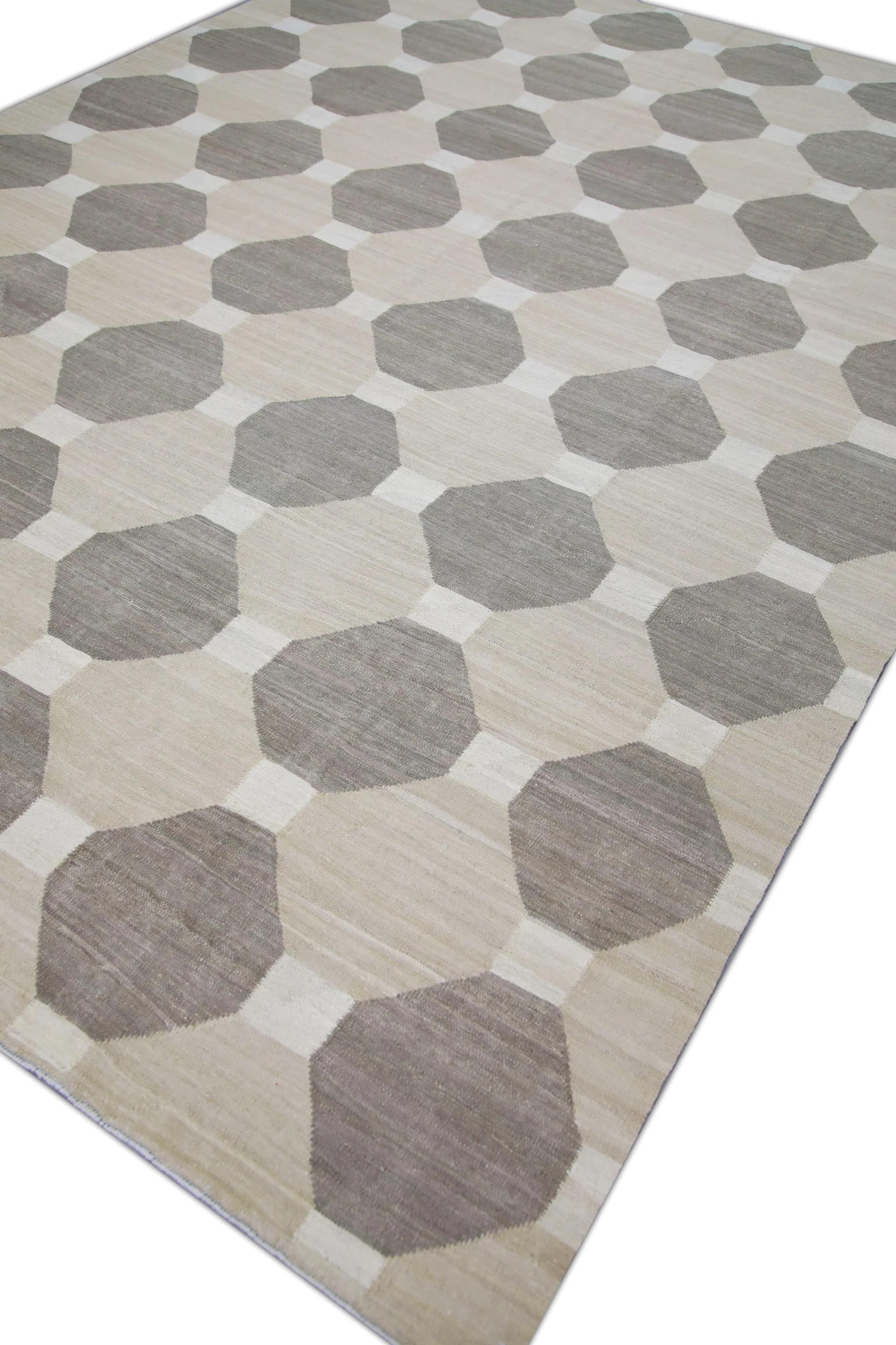 Contemporary Tan and Brown Geometric Design Flatweave Handmade Wool Rug 8'9