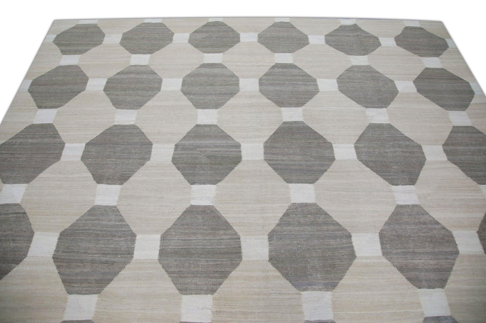 Tan and Brown Geometric Design Flatweave Handmade Wool Rug 8'9