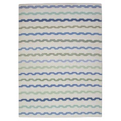 White Flatweave Handmade Wool Rug in Blue & Green Striped Pattern 9' X 12'