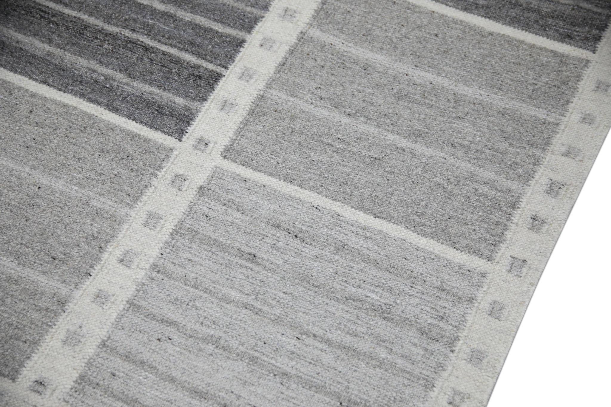 Modern Gray Geometric Pattern Flatweave Handmade Wool Rug 9' X 12'5