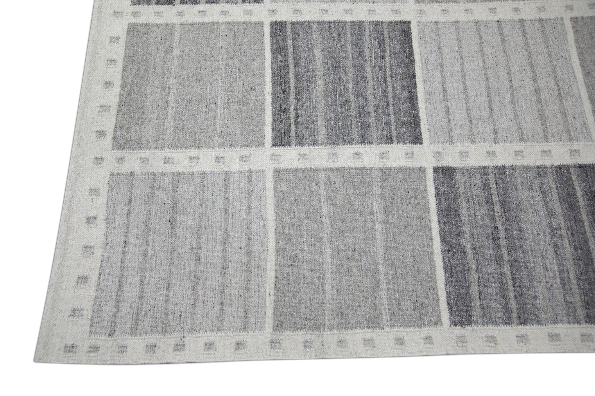 Turkish Gray Geometric Pattern Flatweave Handmade Wool Rug 9' X 12'5