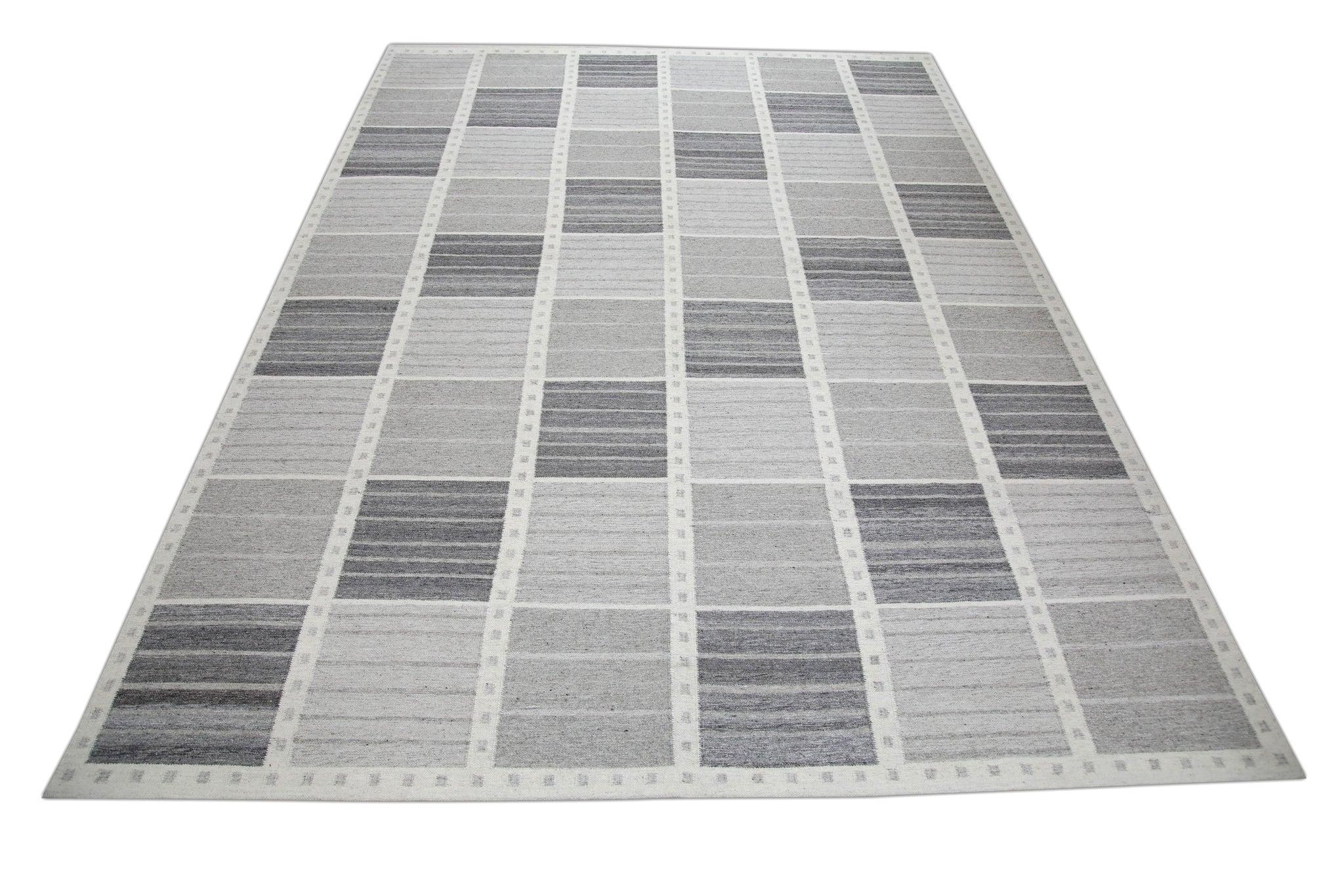 Contemporary Gray Geometric Pattern Flatweave Handmade Wool Rug 9' X 12'5