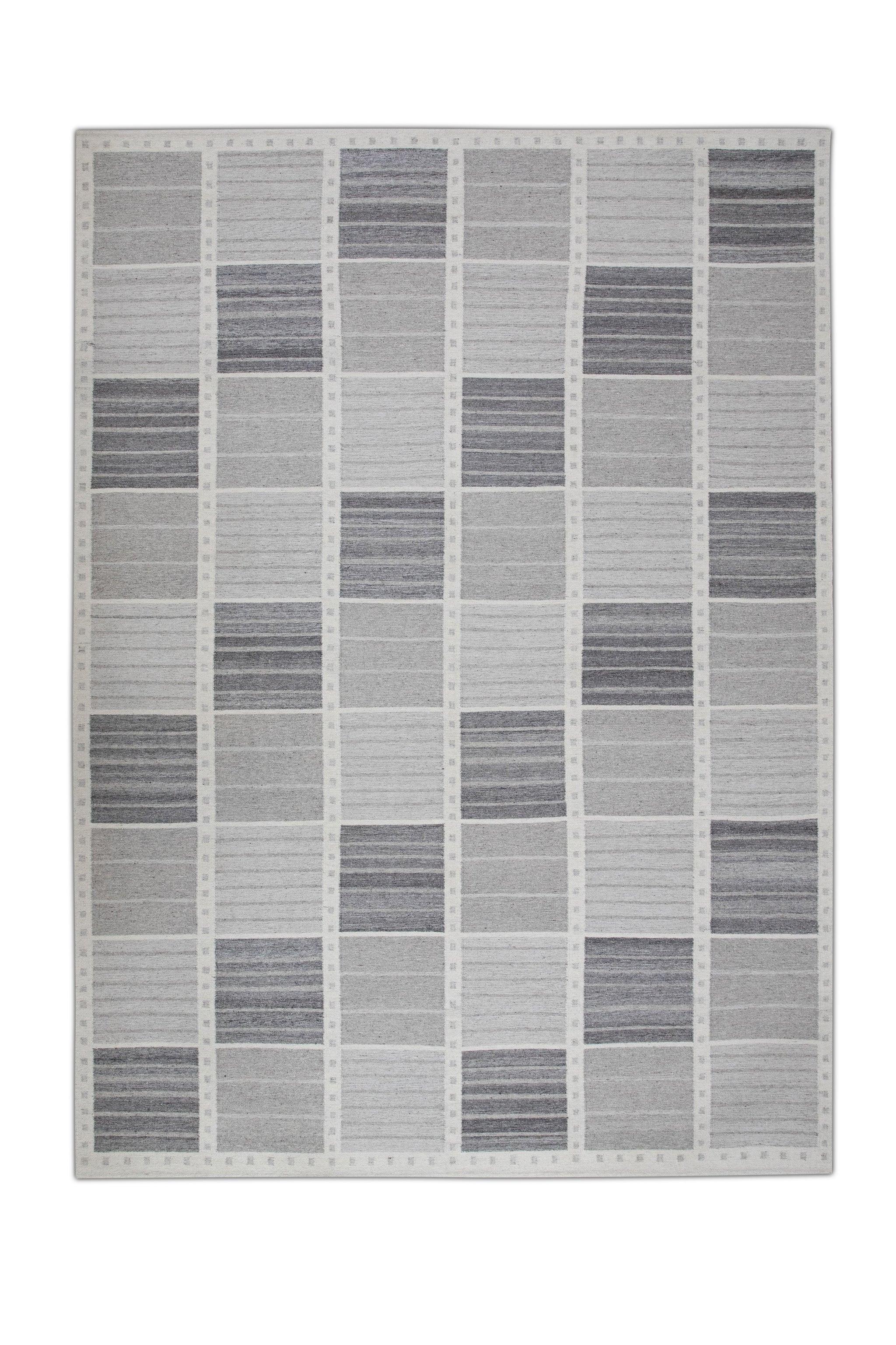 Gray Geometric Pattern Flatweave Handmade Wool Rug 9' X 12'5