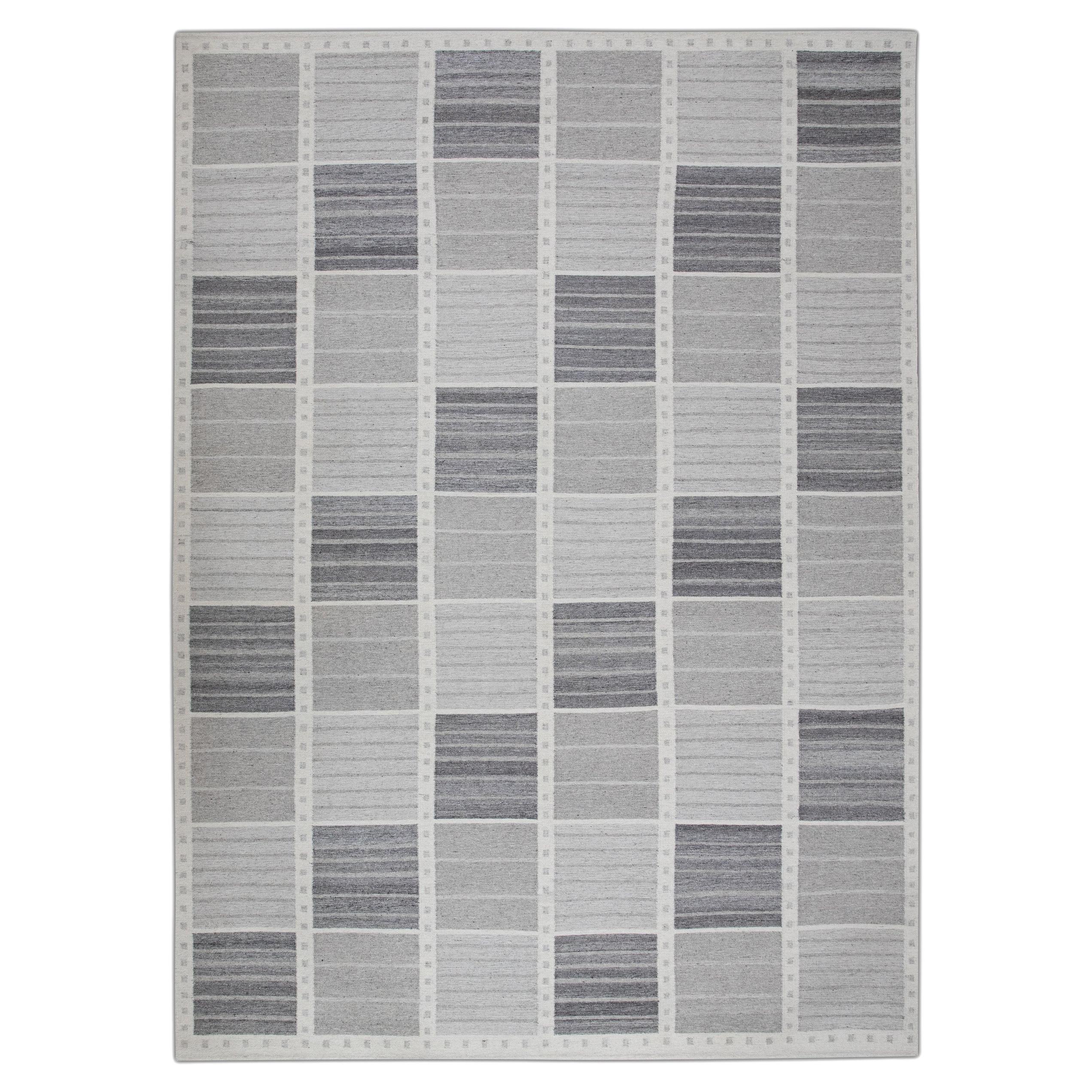 Gray Geometric Pattern Flatweave Handmade Wool Rug 9' X 12'5" For Sale