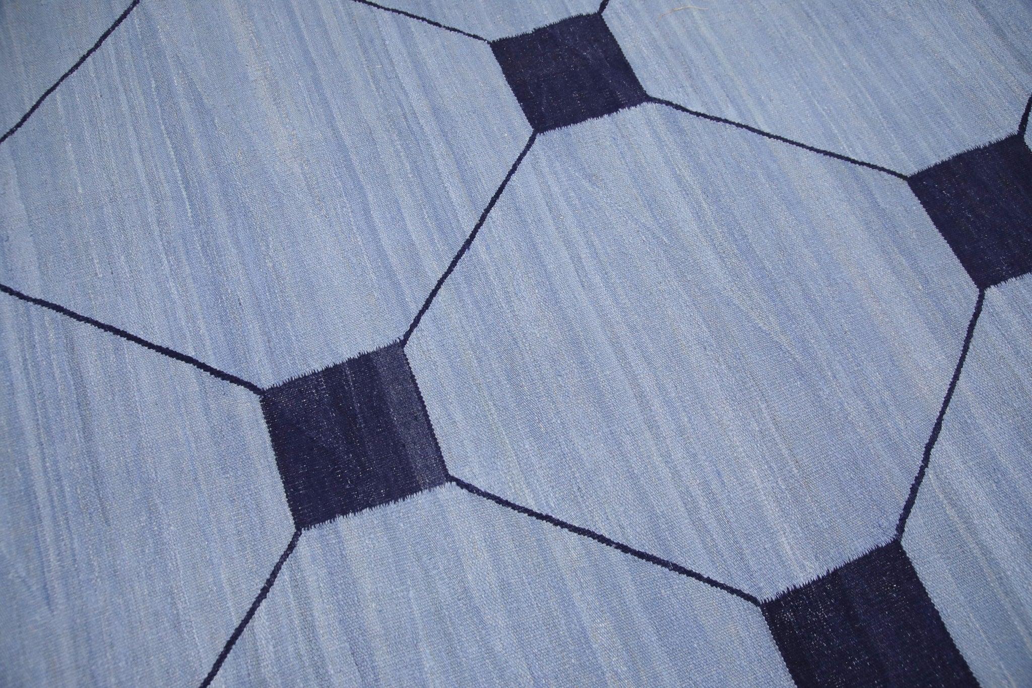 Modern Blue Flatweave Handmade Wool Rug in Navy Geometric Design 9' x 12'7