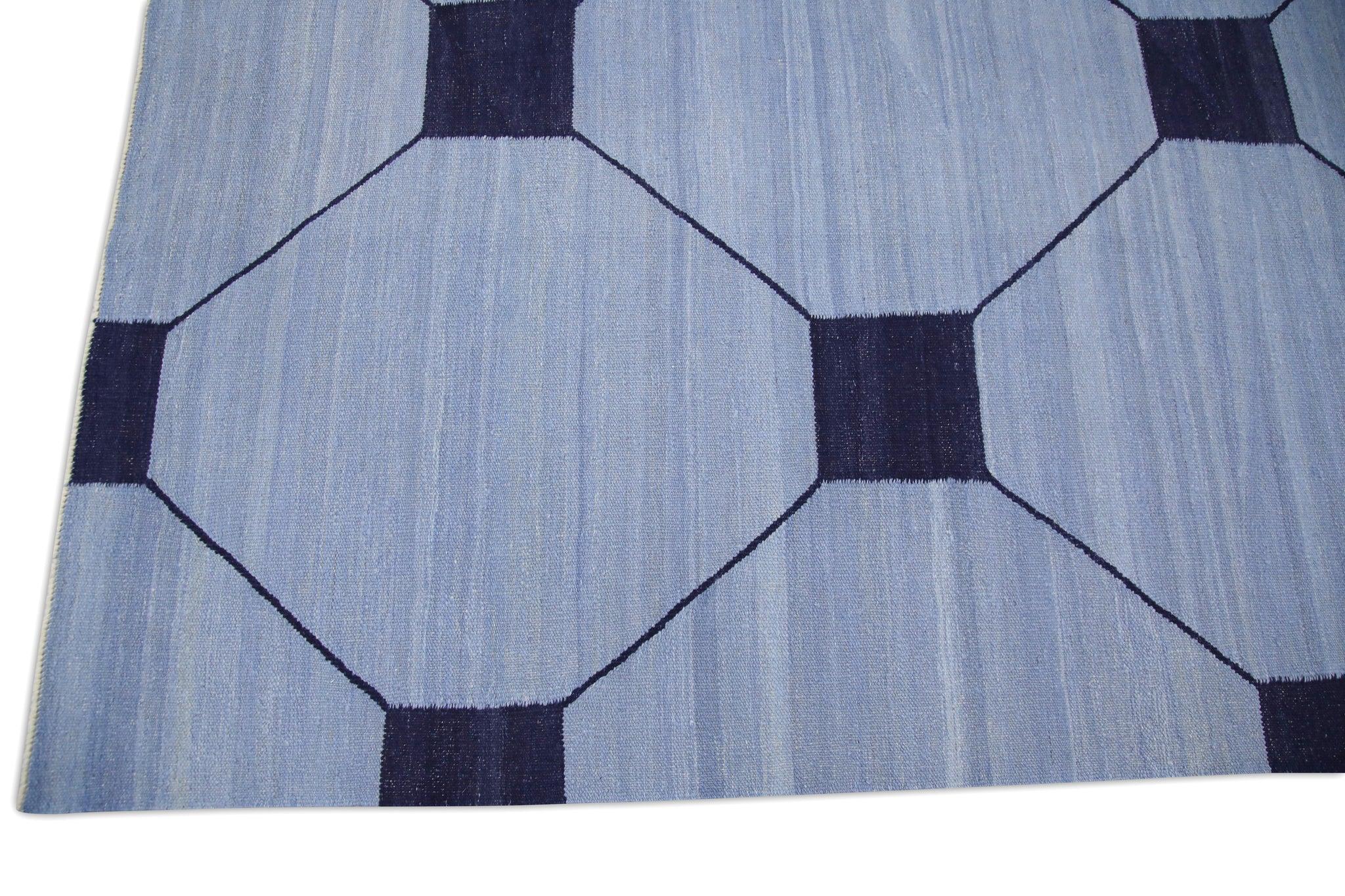 Turkish Blue Flatweave Handmade Wool Rug in Navy Geometric Design 9' x 12'7