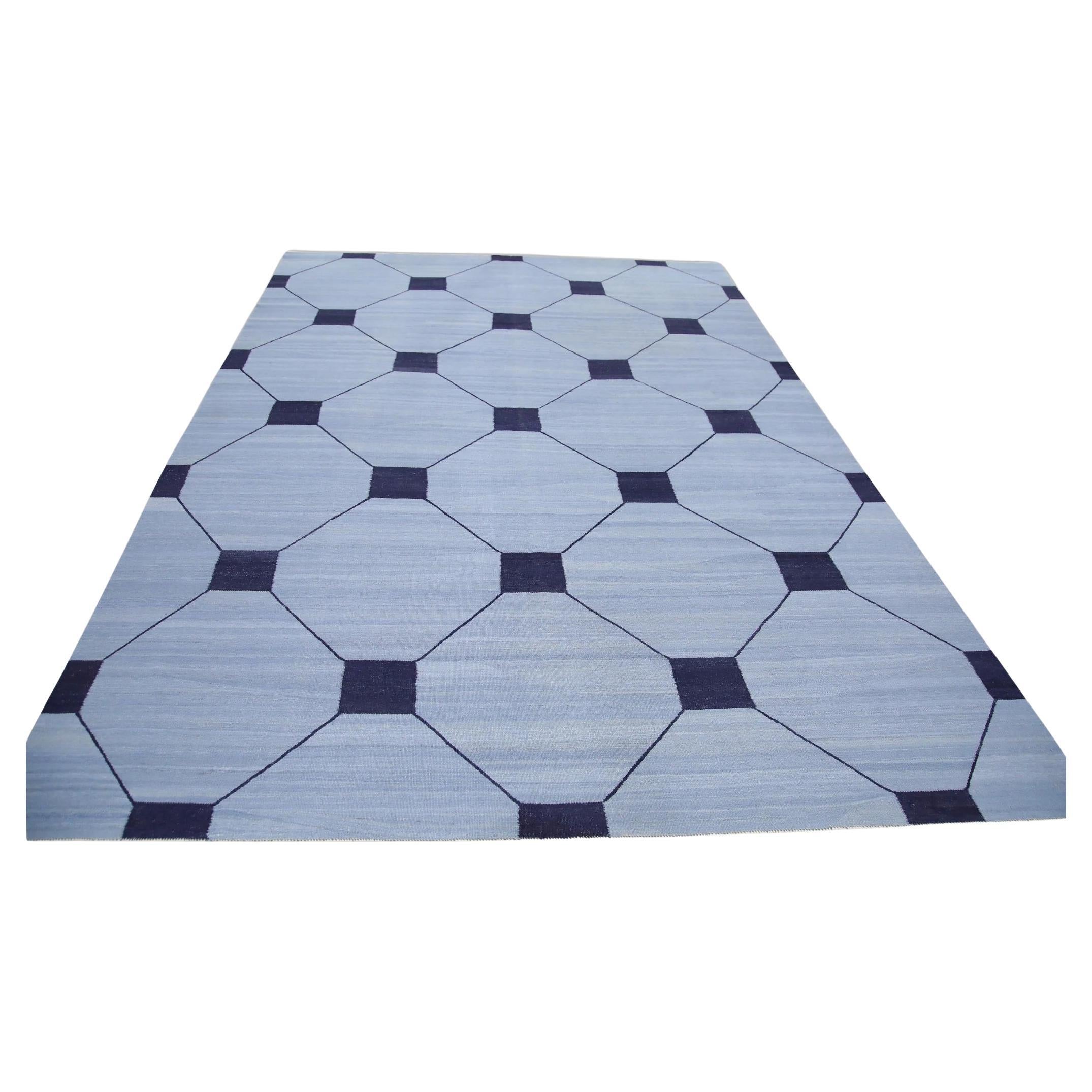 Blue Flatweave Handmade Wool Rug in Navy Geometric Design 9' x 12'7" For Sale