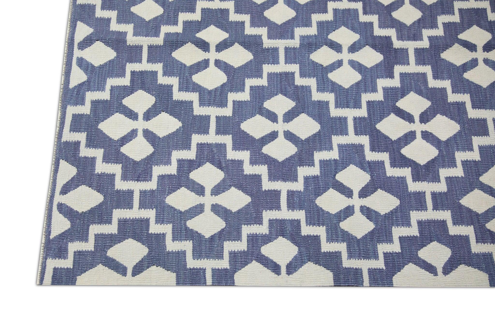 Modern Blue Geometric Design Flatweave Handmade Wool Rug 9'2