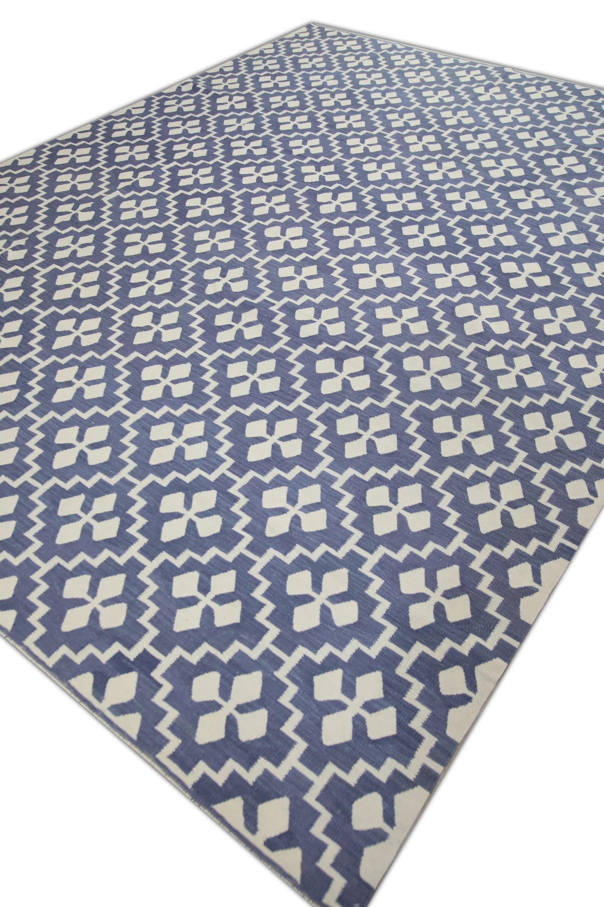 Turkish Blue Geometric Design Flatweave Handmade Wool Rug 9'2