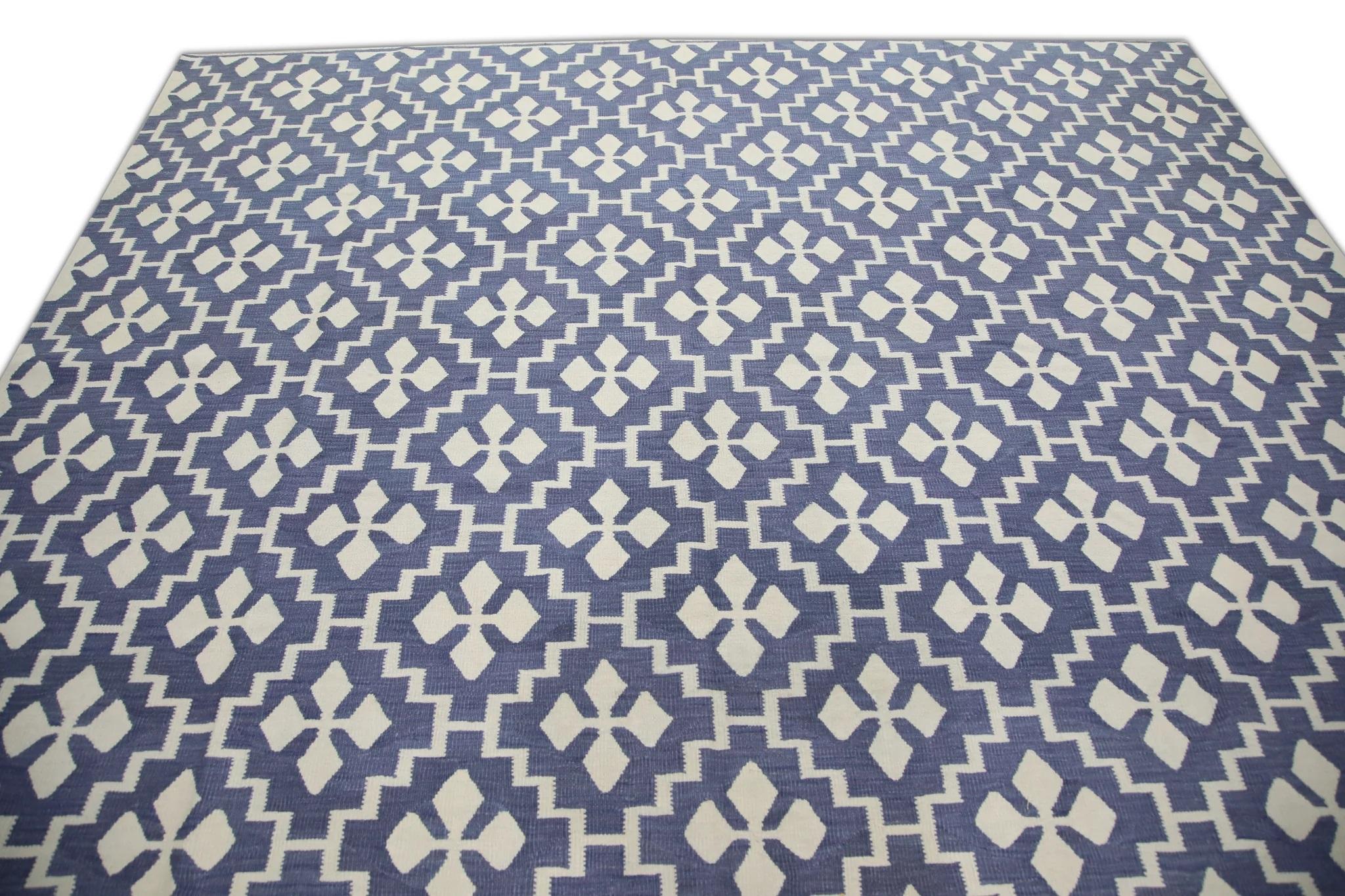 Vegetable Dyed Blue Geometric Design Flatweave Handmade Wool Rug 9'2