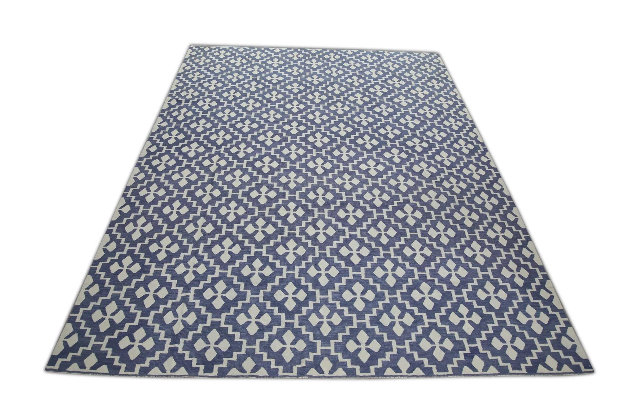 Blue Geometric Design Flatweave Handmade Wool Rug 9'2