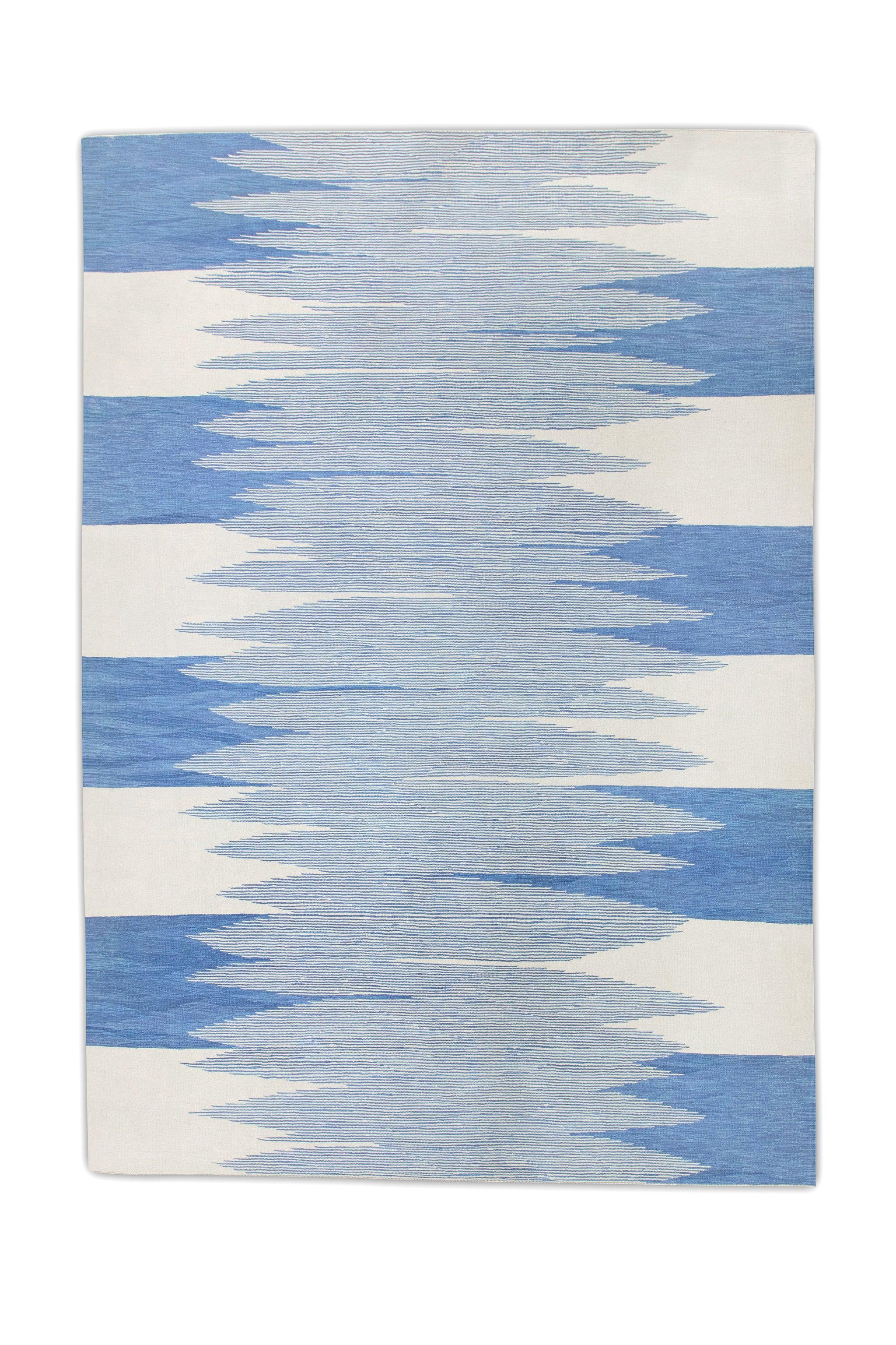 Contemporary Blue Geometric Design Flatweave Handmade Wool Rug 9'2