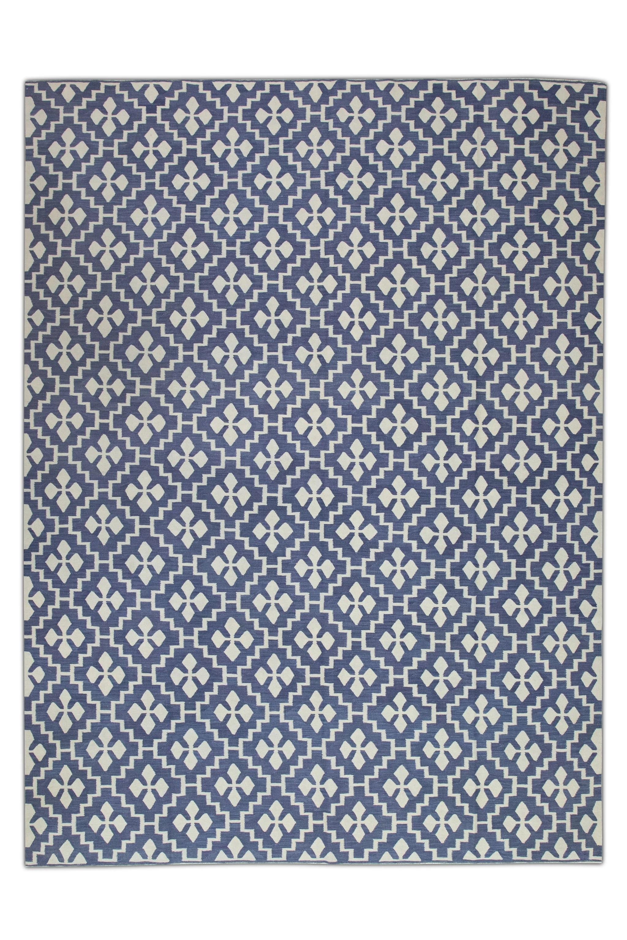 Contemporary Blue Geometric Design Flatweave Handmade Wool Rug 9'2