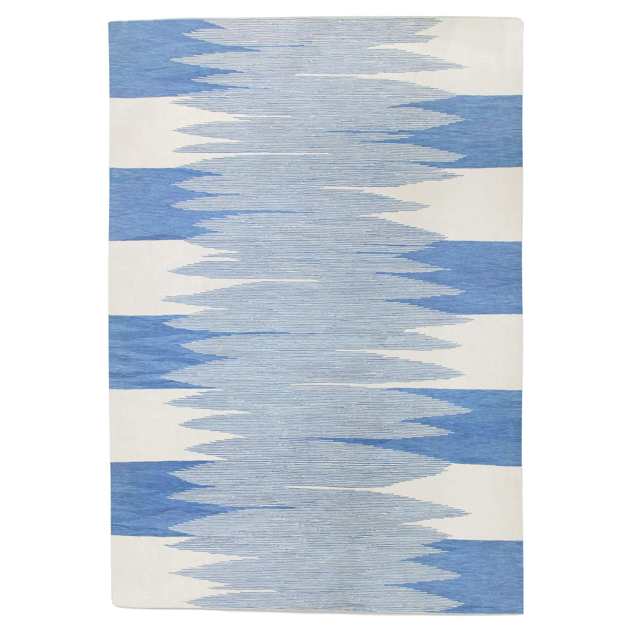 Blue Geometric Design Flatweave Handmade Wool Rug 9'2" X 12'2" For Sale