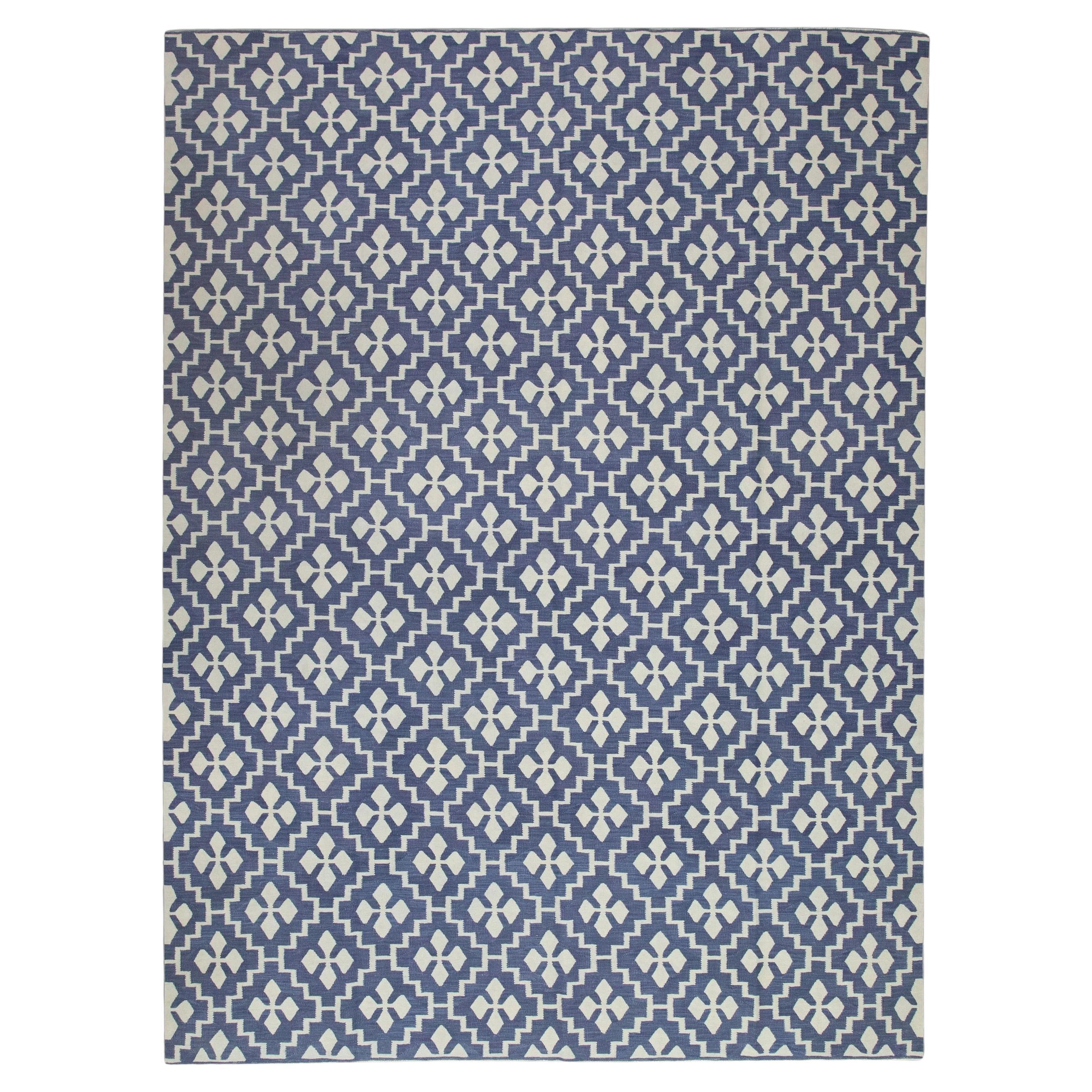 Blauer handgefertigter Flachgewebe-Wollteppich in geometrischem Design 9'2" X 12'2"