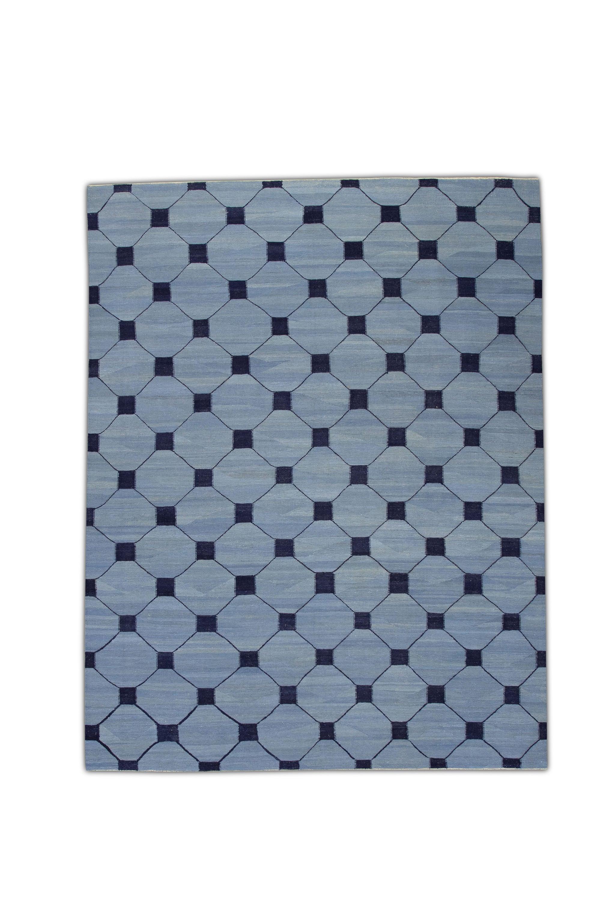 Blue Flatweave Handmade Wool Rug in Navy Geometric Design 9'2