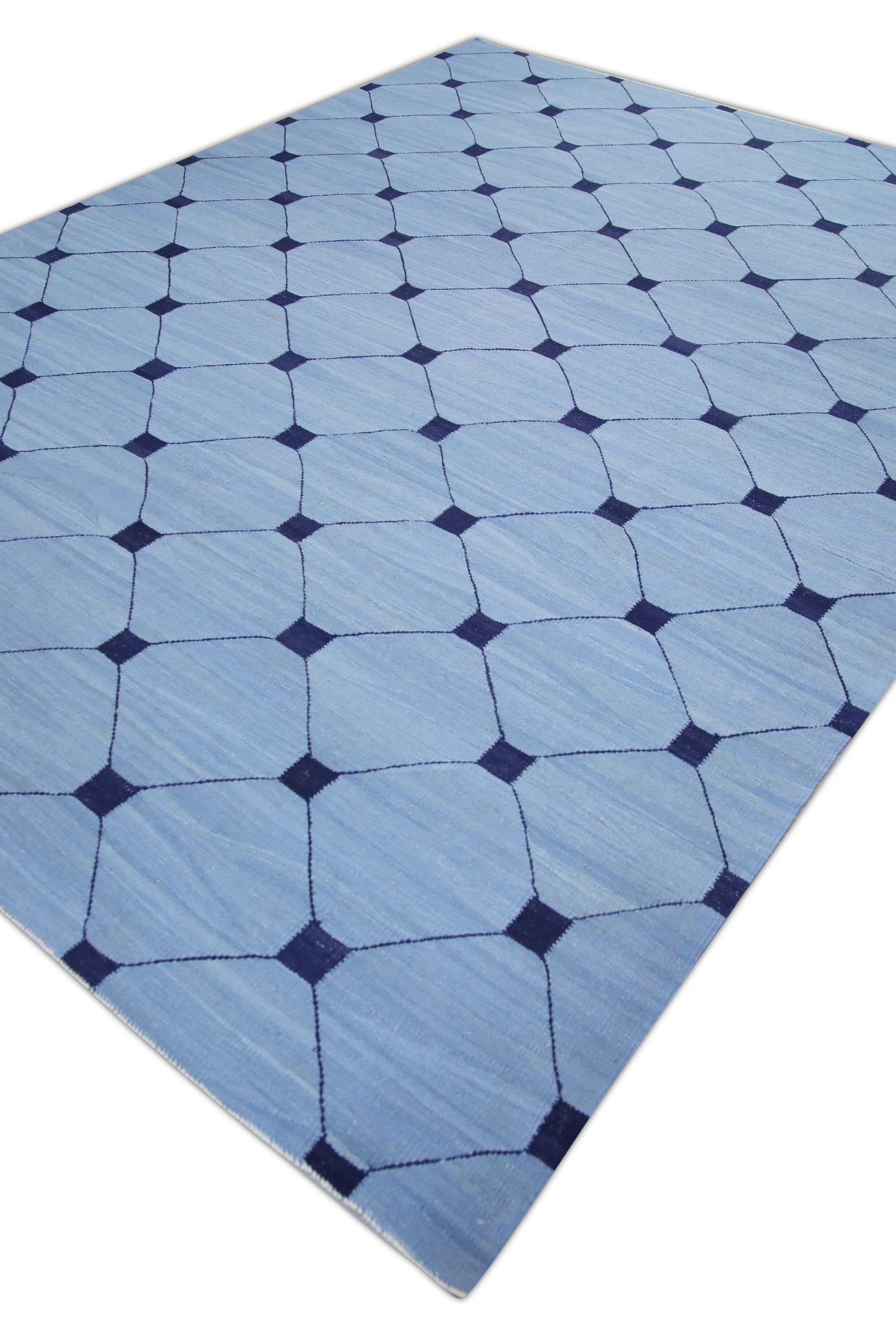Modern Blue Flatweave Handmade Wool Rug in Navy Geometric Design 9'2