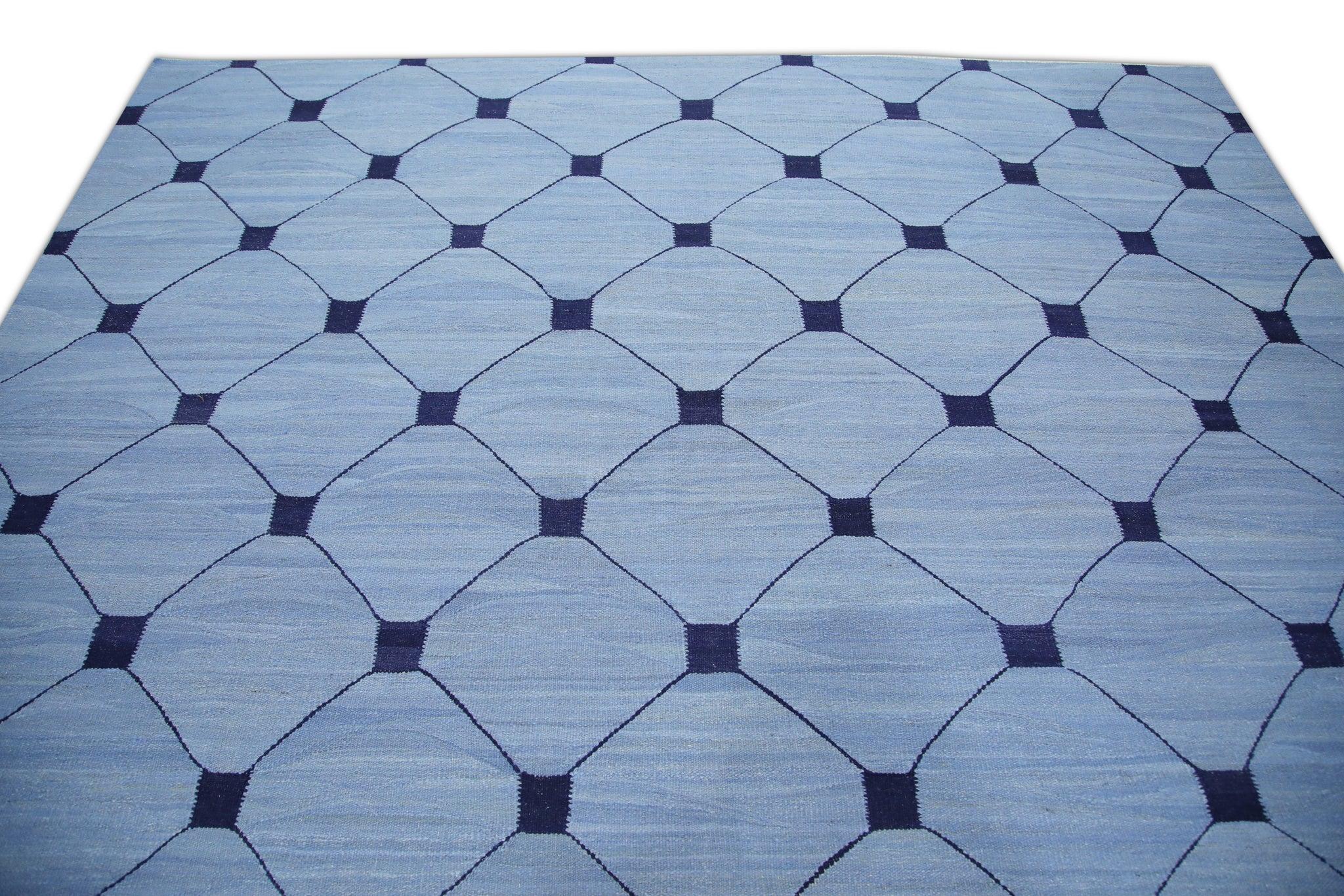 Turkish Blue Flatweave Handmade Wool Rug in Navy Geometric Design 9'2