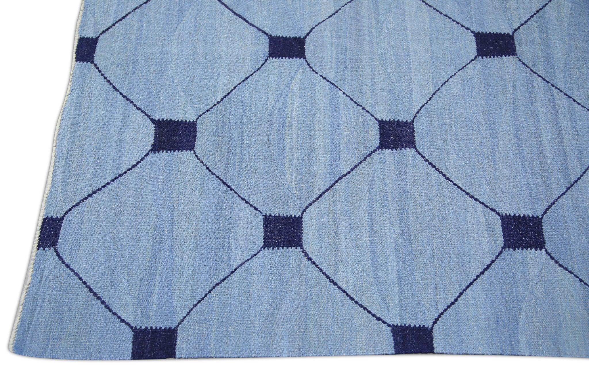 Vegetable Dyed Blue Flatweave Handmade Wool Rug in Navy Geometric Design 9'2
