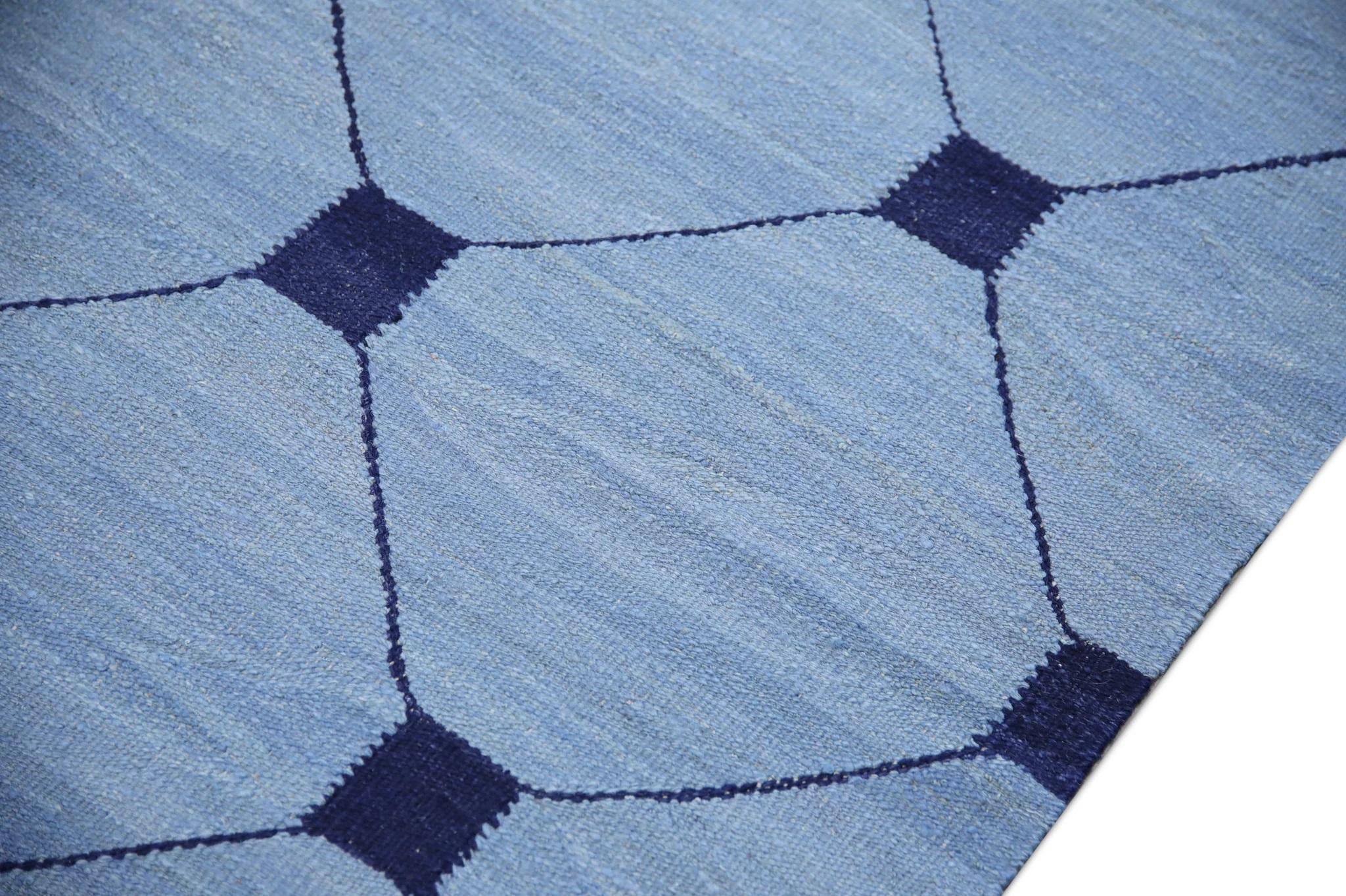 Blue Flatweave Handmade Wool Rug in Navy Geometric Design 9'2