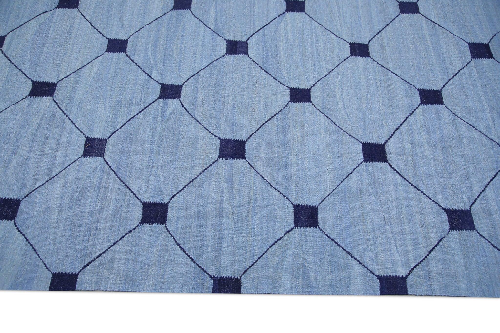 Contemporary Blue Flatweave Handmade Wool Rug in Navy Geometric Design 9'2