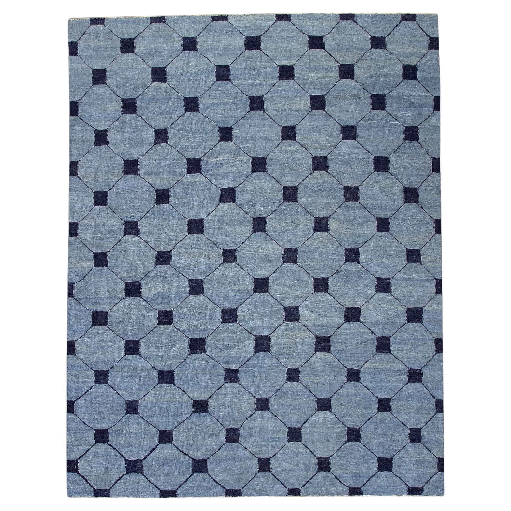 Blauer handgefertigter Flachgewebe-Wollteppich in Marineblau mit geometrischem Design 9'2" X 12'5"