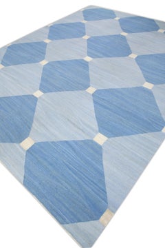 Blue Geometric Design Flatweave Handmade Wool Rug 9'3" X 11'4"