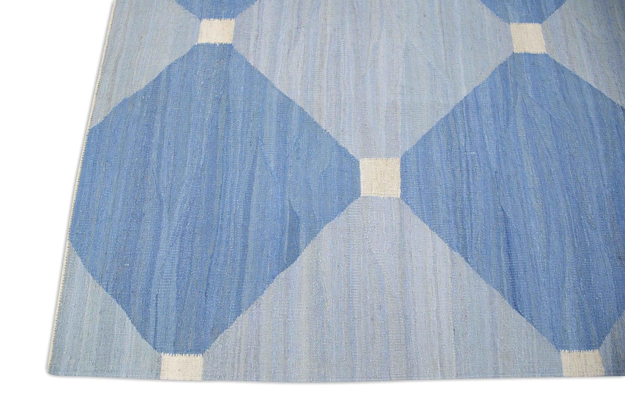 Turkish Blue Geometric Design Flatweave Handmade Wool Rug 9'3
