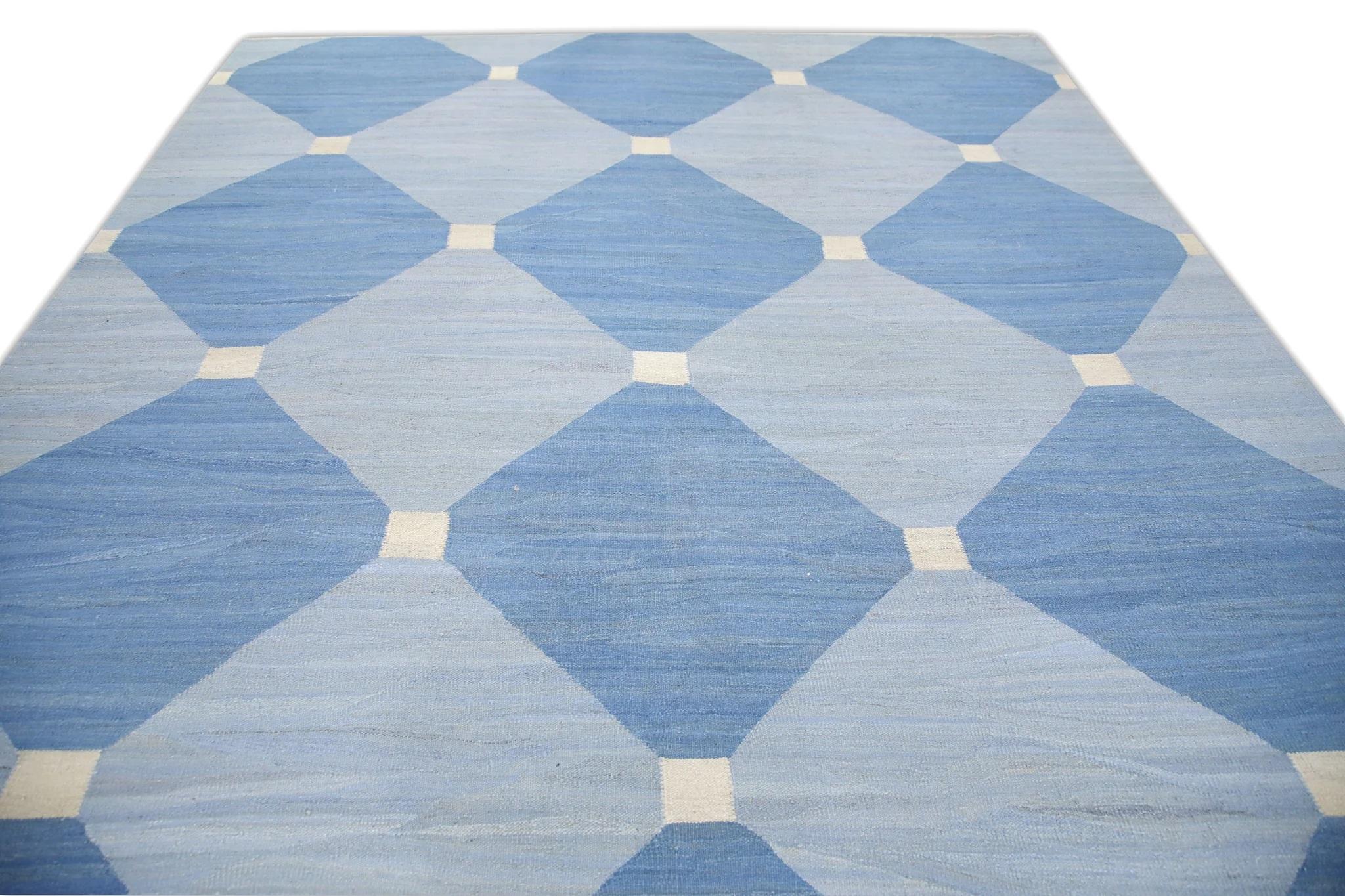 Vegetable Dyed Blue Geometric Design Flatweave Handmade Wool Rug 9'3