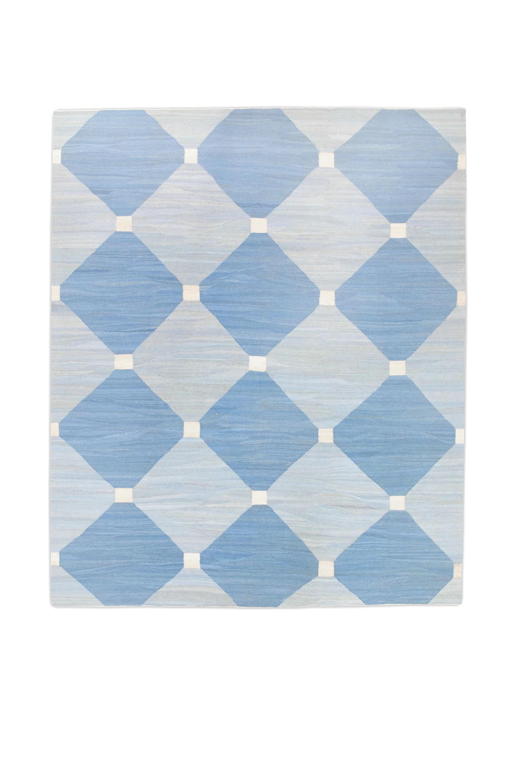 Blauer handgefertigter Flachgewebe-Wollteppich in geometrischem Design 9'3